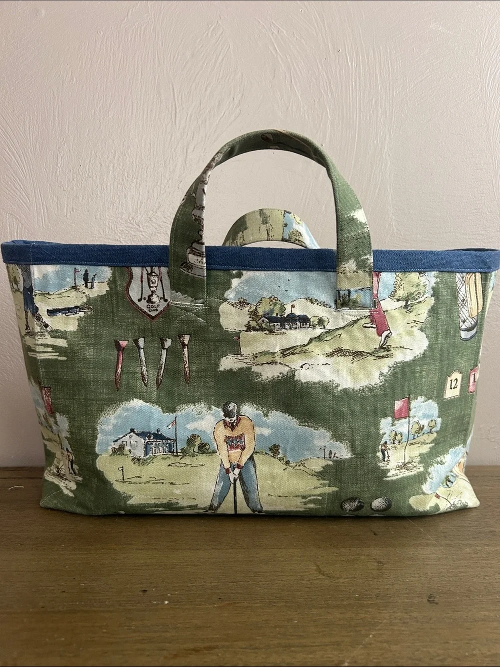 Vintage Handmade Toile Pattern Canvas Green Golf-Print Open Tote Bag.
